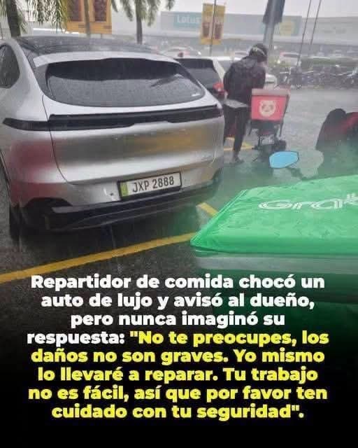 Repartidor choca un auto durante la lluvia: qué se sabe de la historia viral sobre la respuesta del dueño
